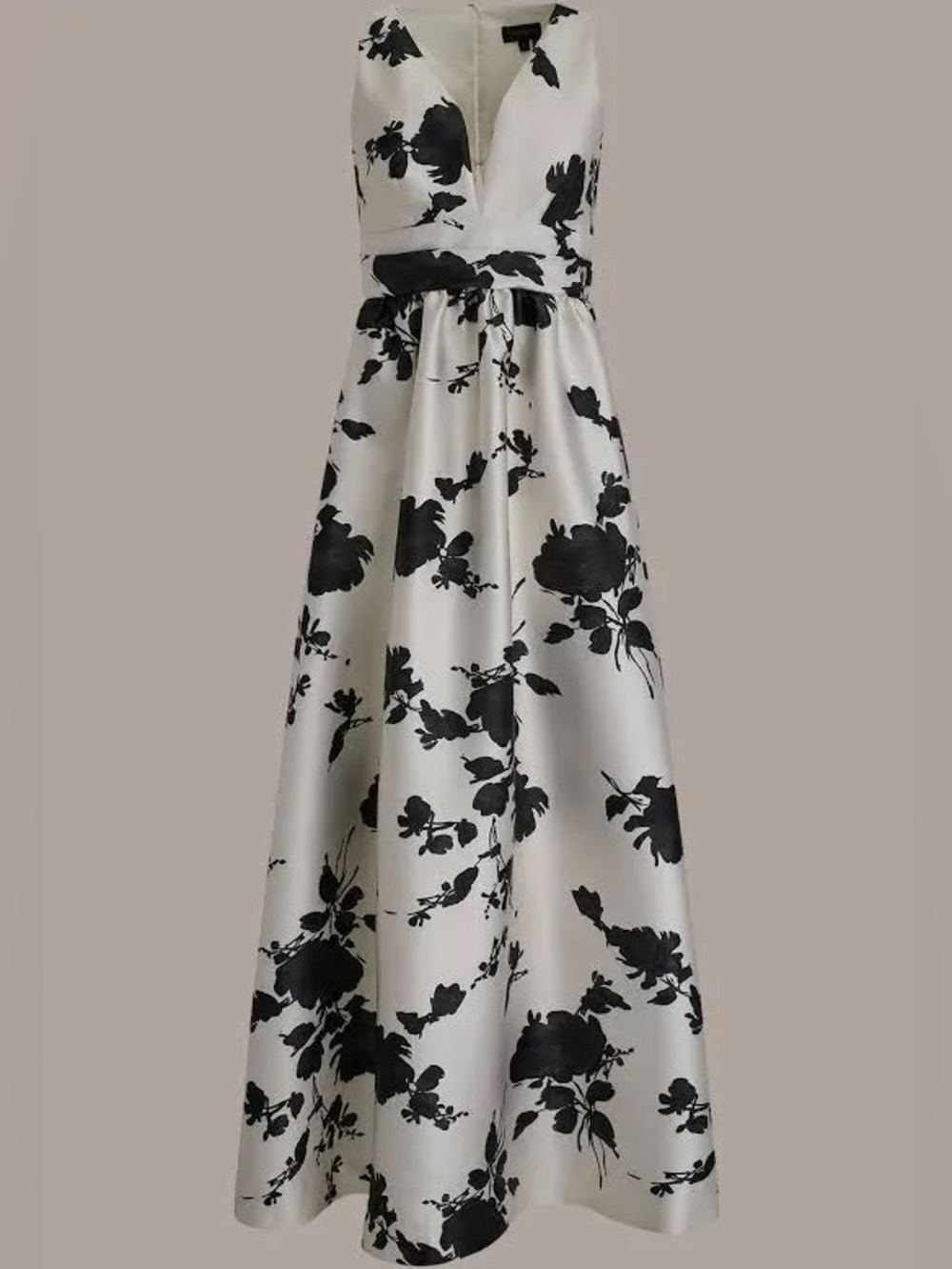 Donna Karan Black and White Floral V-Neck SLEEVELESS FIT AND FLARE GOWN - Picture 7 of 14